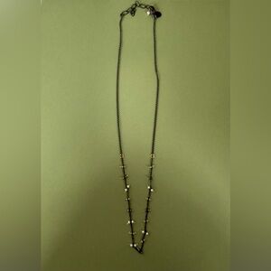 Delicate oxidized silver chain necklace with tiny pearl and glass beads.